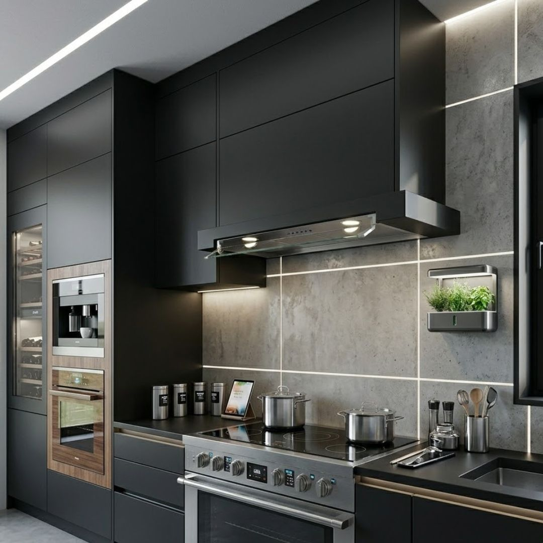 Moderna cucina nera con elettrodomestici in acciaio, piano cottura e orto.