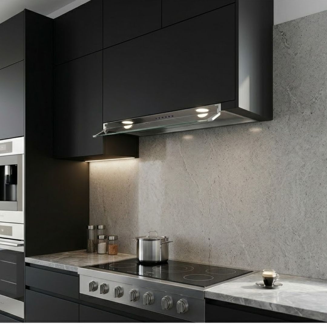 Moderna cucina nera con fornello in acciaio inox, pentola e tazzina da caffè.