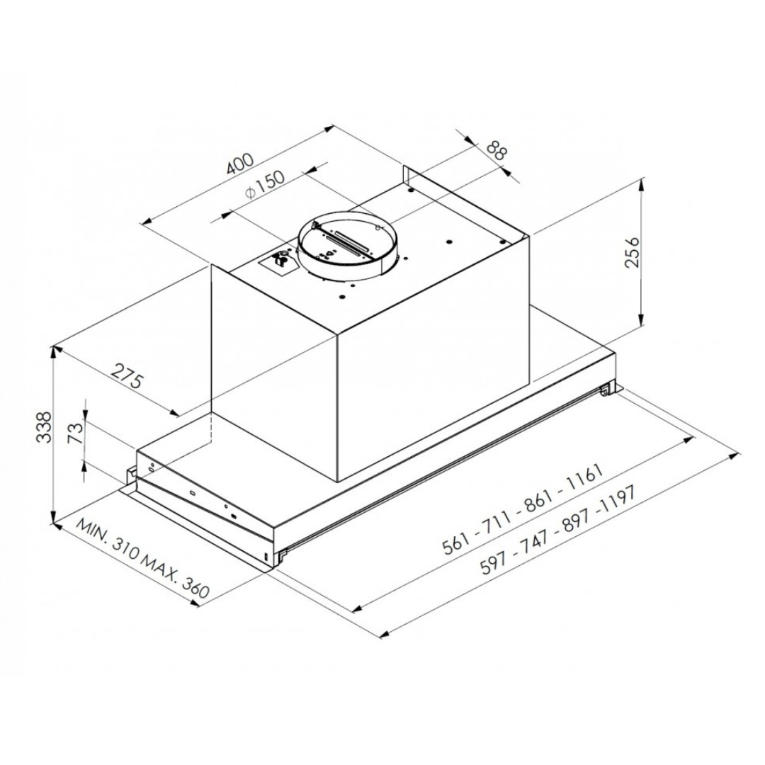 Disegno tecnico di una cappa da cucina con dimensioni.