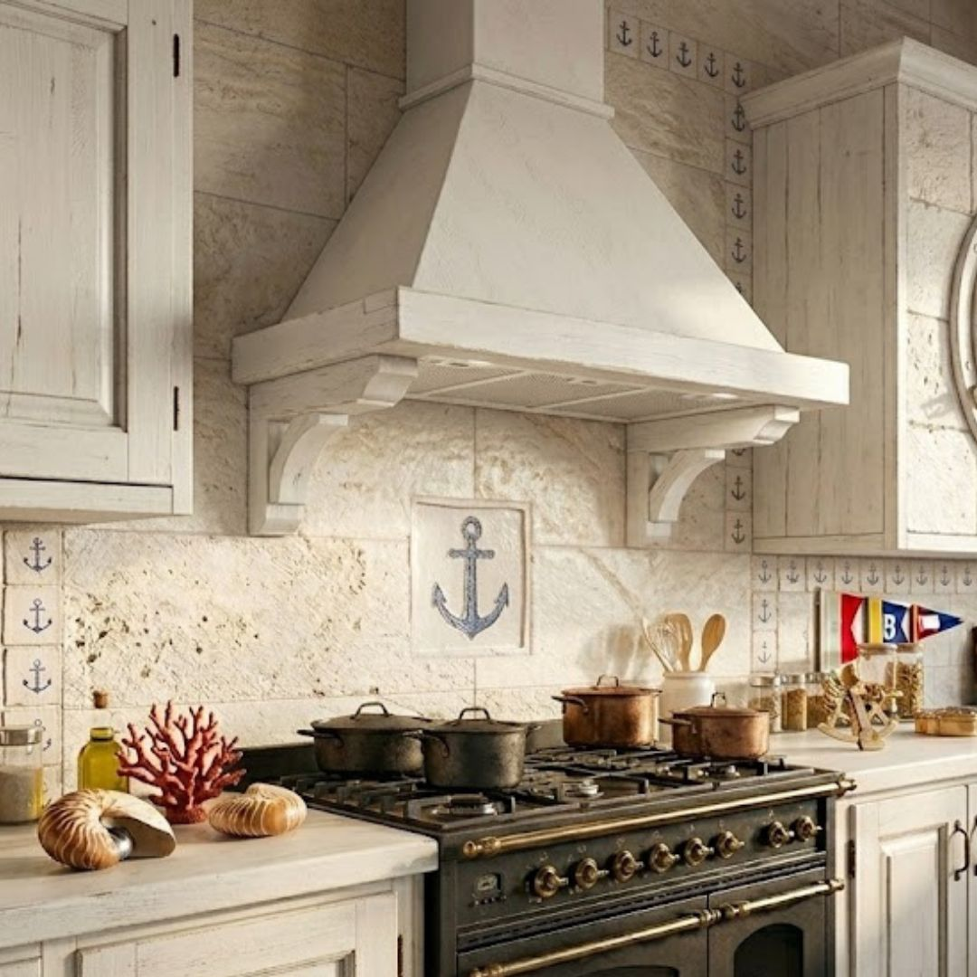 Cucina a tema nautico: Fornello, pentole in rame, conchiglie, corallo, arte dell'ancora.