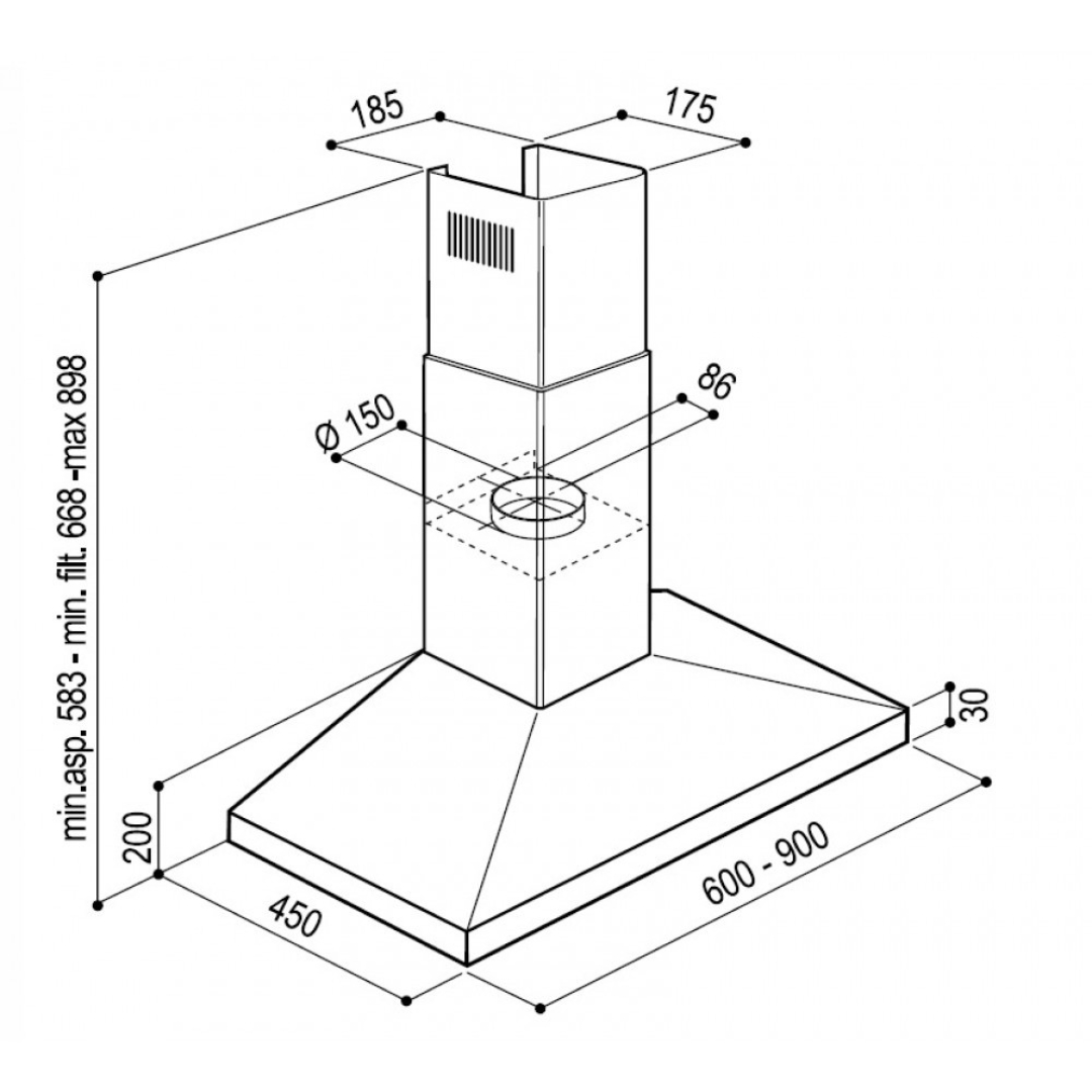 Disegno tecnico di una cappa aspirante con dimensioni.