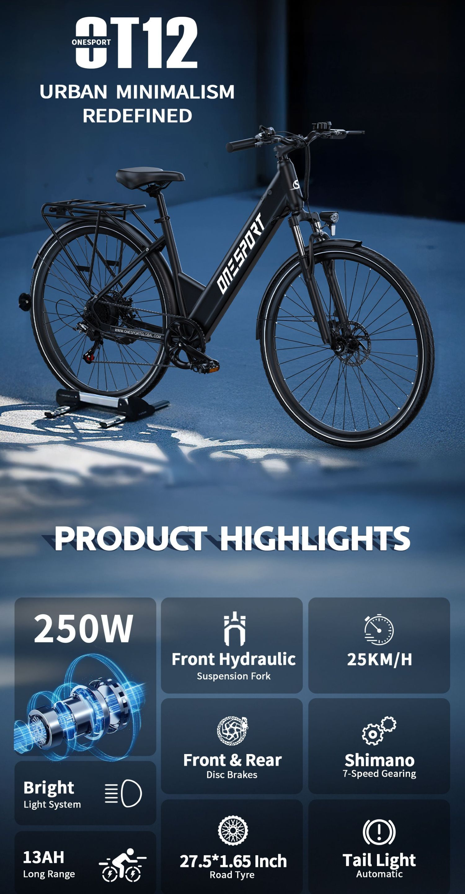 Bicicleta eléctrica negra con portaequipajes, aspectos destacados: 250W, horquilla hidráulica, 25 km/h.
