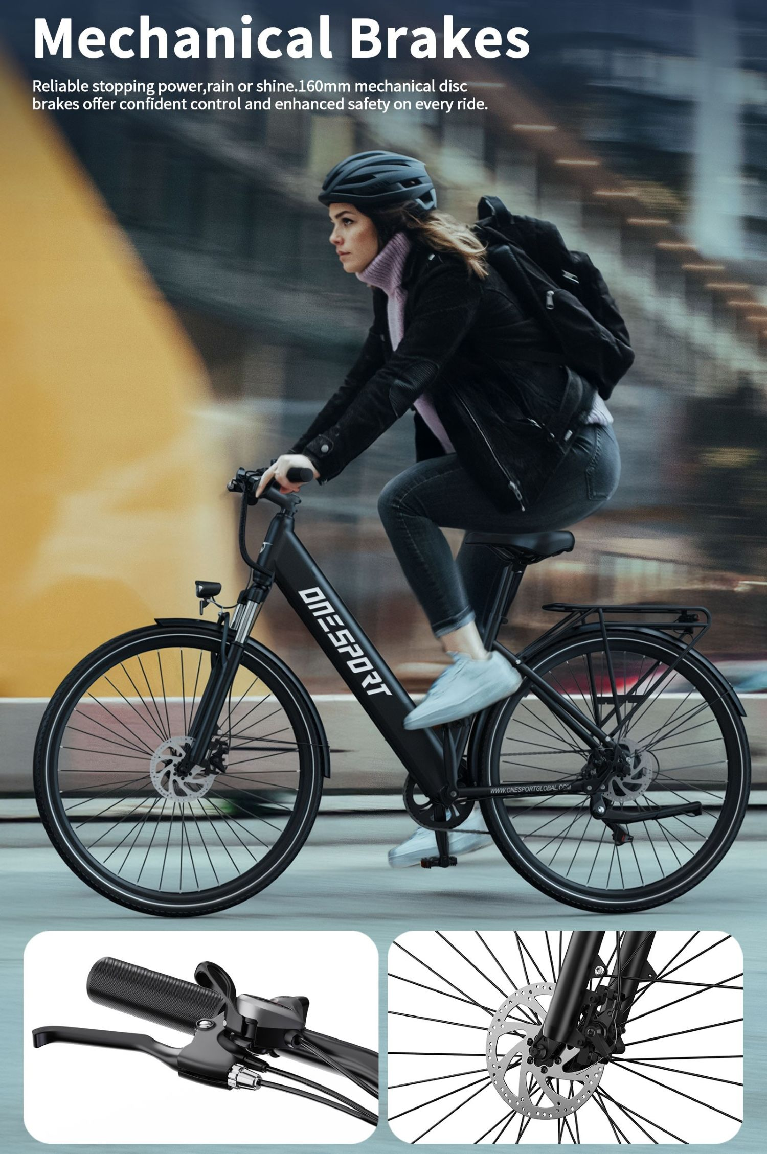 Mujer con casco monta bicicleta eléctrica Onesport negra con frenos de disco.