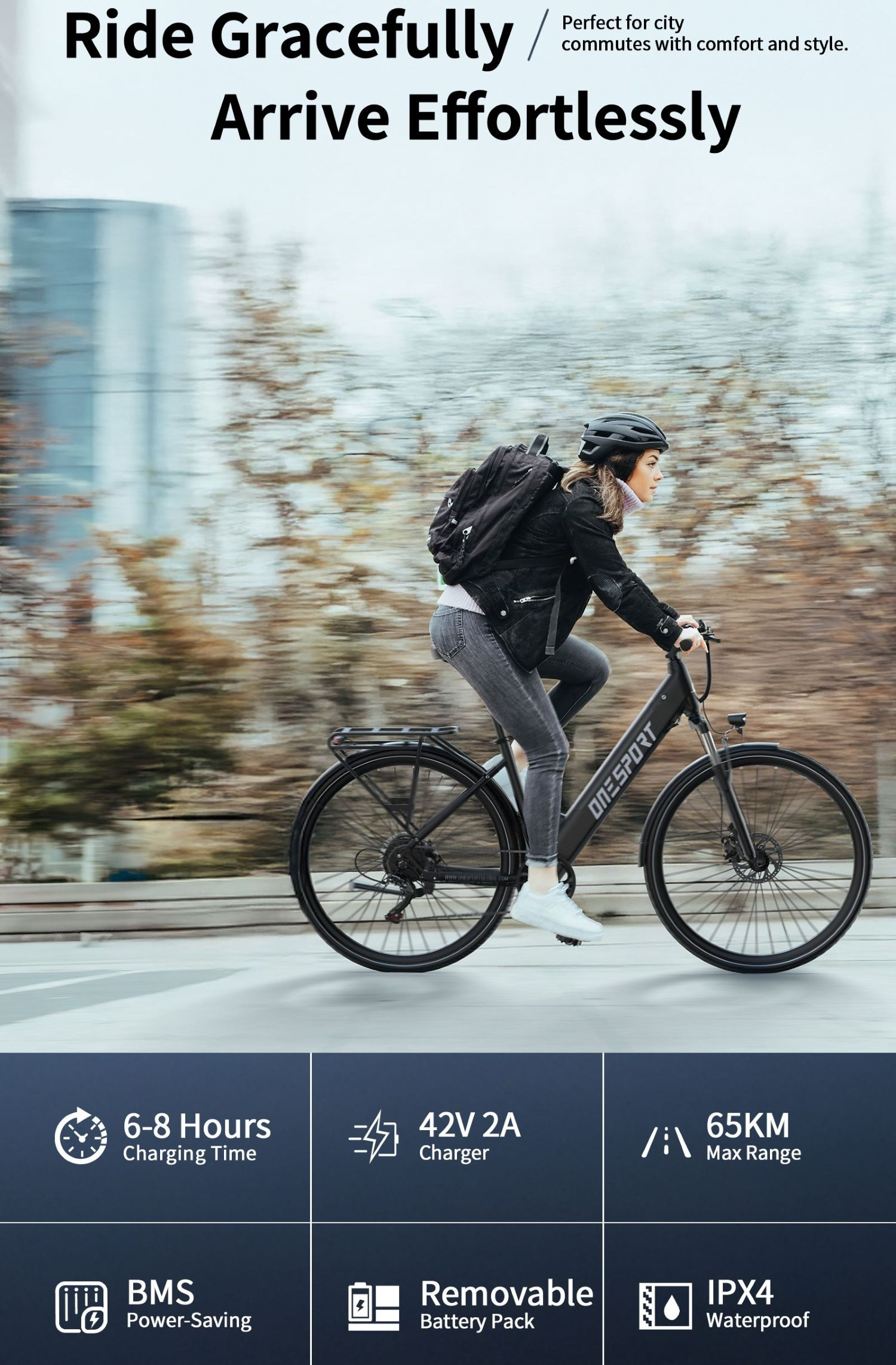 Mujer montando una e-bike negra con mochila, fondo de ciudad. Características listadas.