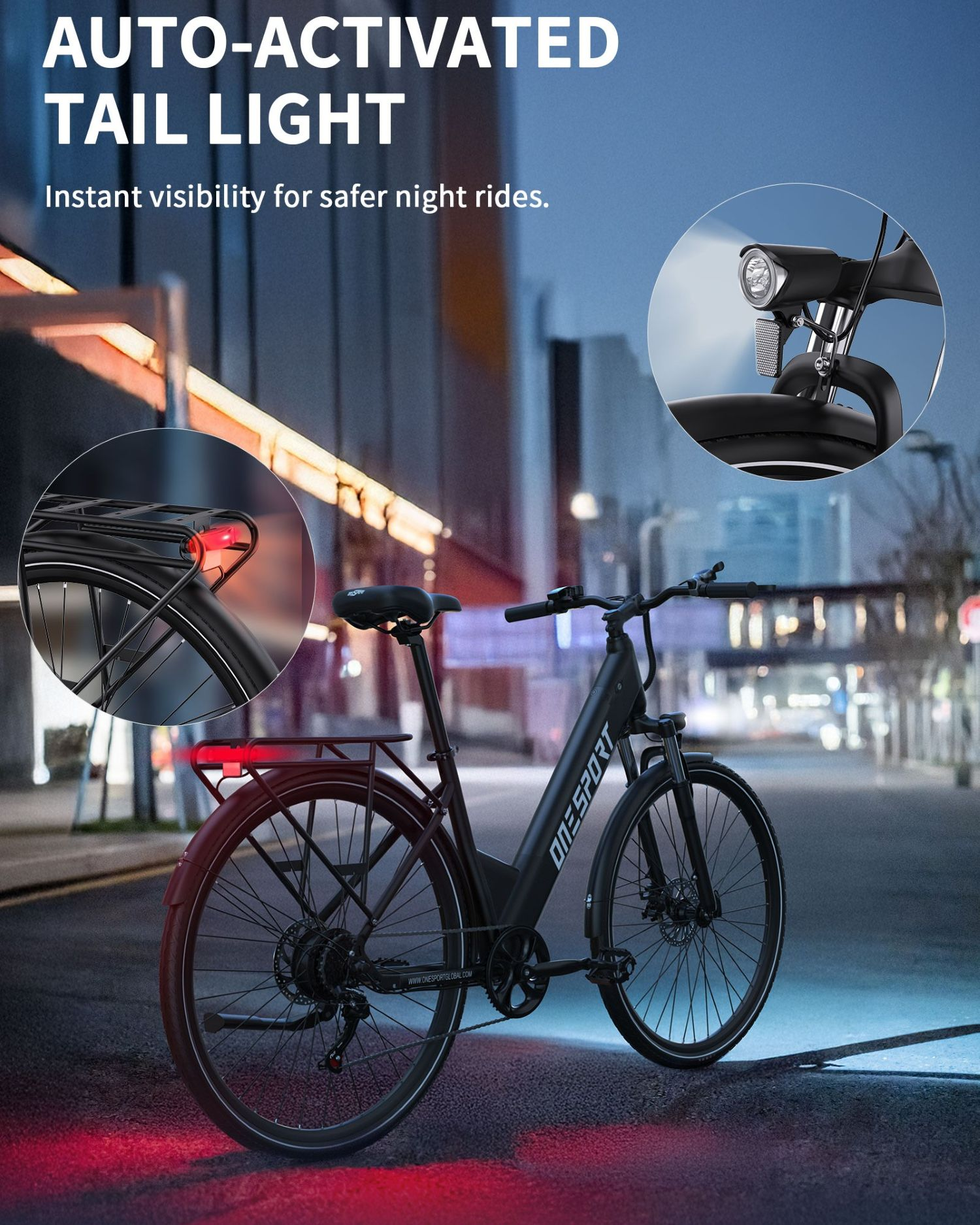 Una bicicleta eléctrica negra de noche con luces delantera y trasera iluminadas en calle urbana.