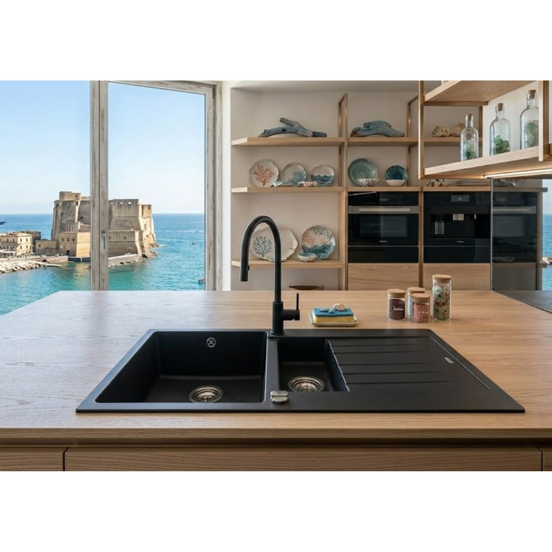 Cucina moderna con doppio lavello affacciata su un castello sul mare.