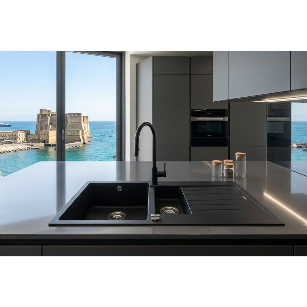 Cucina moderna con lavello nero affacciata sul mare e su un castello.