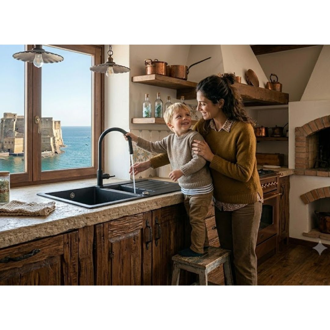 Madre e figlio nel lavello con vista su un castello sul mare.
