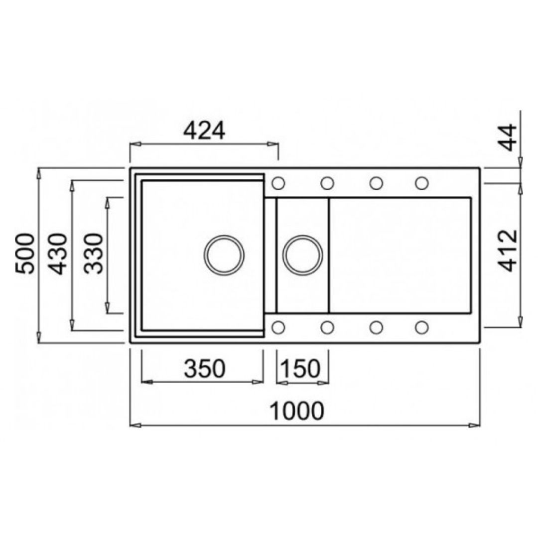Disegno tecnico di un lavello a due vasche con dimensioni.