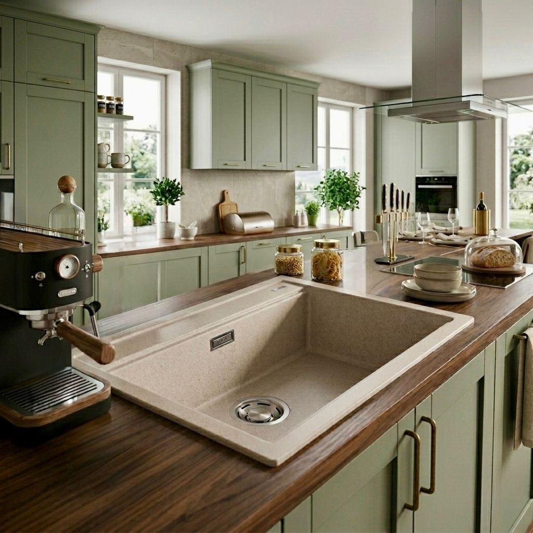 Moderna cucina verde con lavello, macchina per caffè espresso e piani di lavoro in legno.