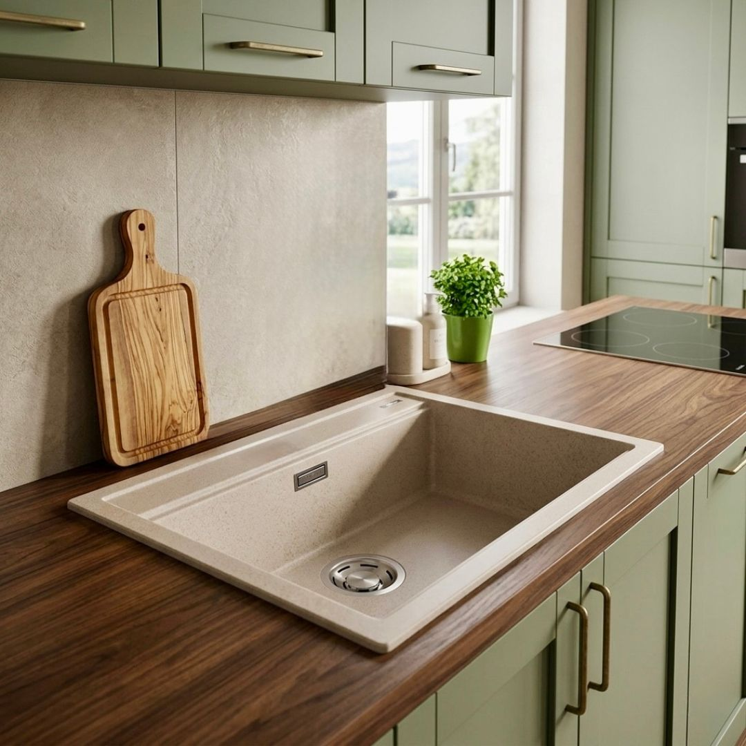 Una cucina beige con piani di lavoro in legno, lavello, fornelli e armadi verdi.
