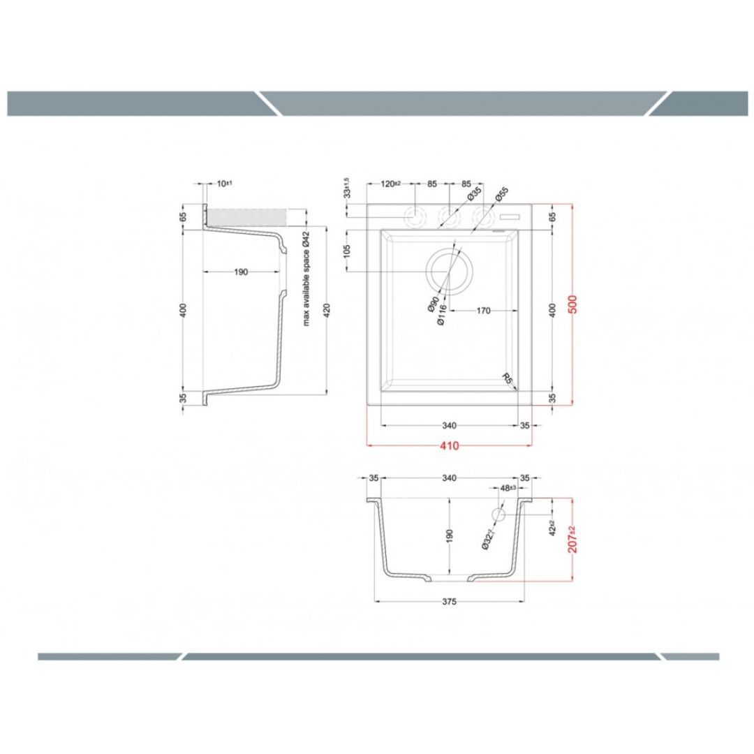 Disegno tecnico di un lavello con dimensioni e dettagli.