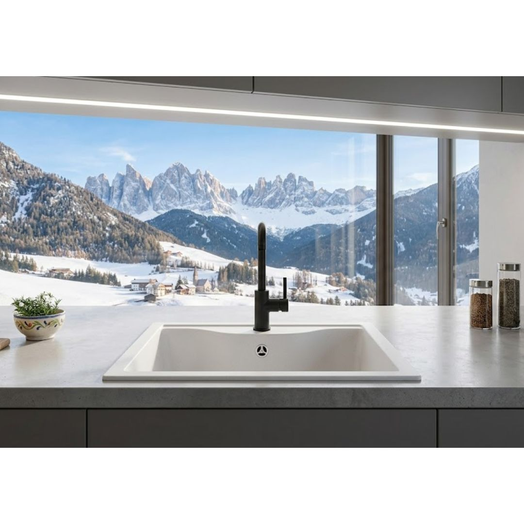 Un lavello bianco e un rubinetto nero davanti a un paesaggio montano innevato.