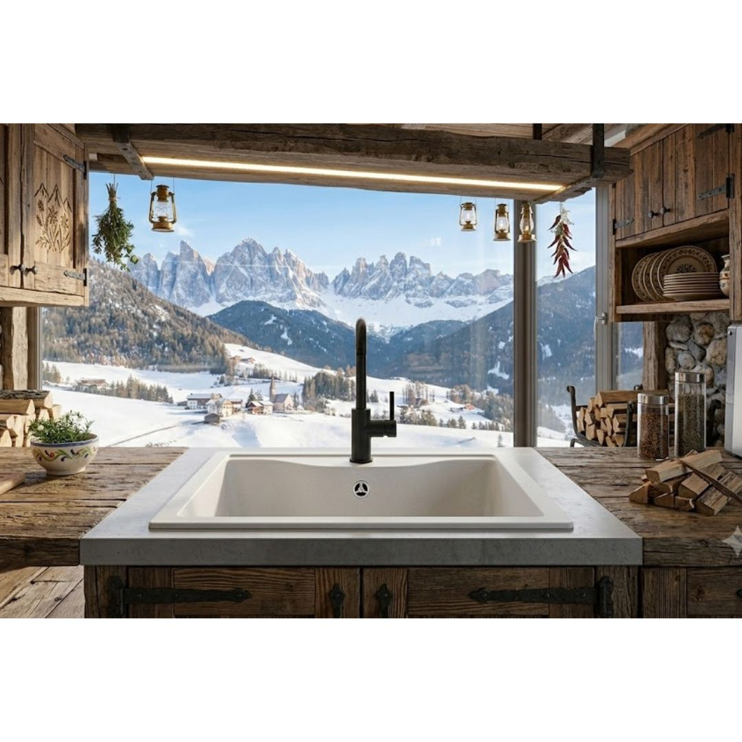 Lavello da cucina con vista panoramica sulle montagne invernali.