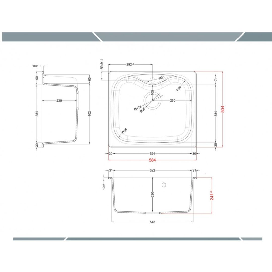 Disegno tecnico di un lavello con dimensioni e raggi.