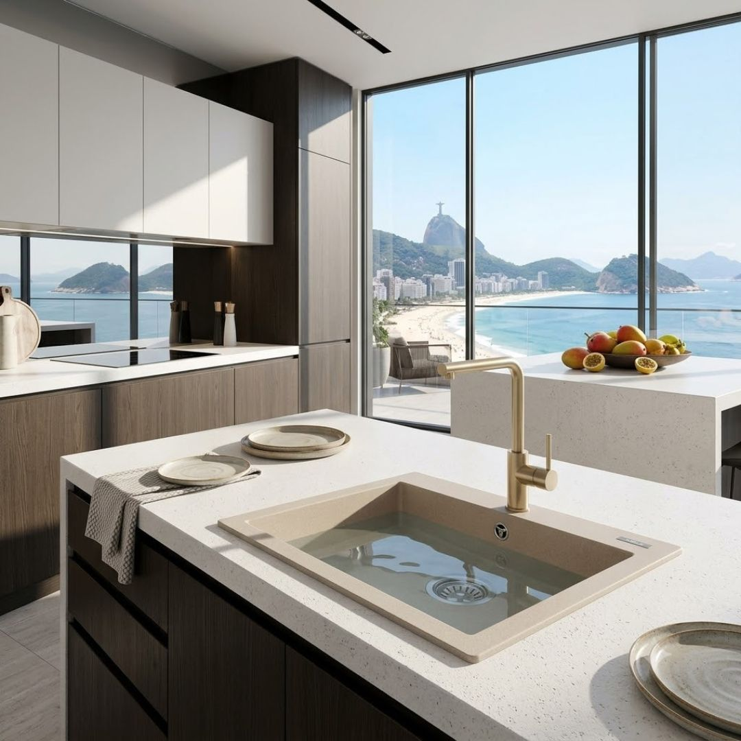 Cucina moderna con vista su una città costiera e l'oceano.