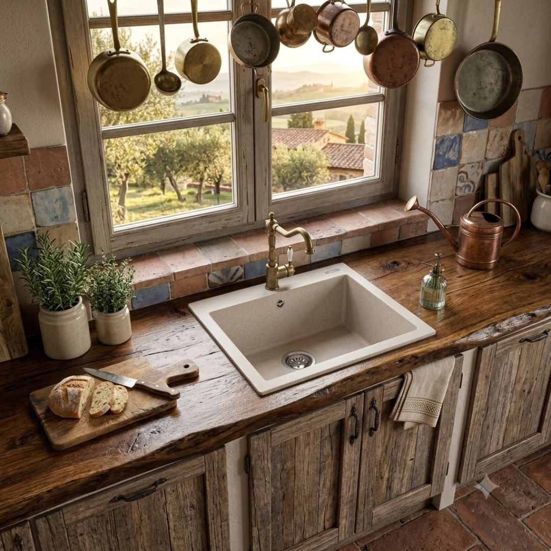 Una cucina rustica con lavello, piano di lavoro in legno e vista sulla campagna.