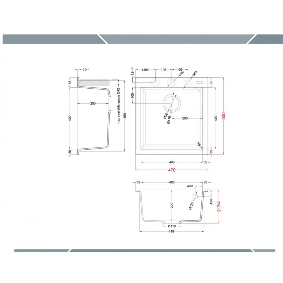 Disegno tecnico di un lavello con dimensioni e viste.