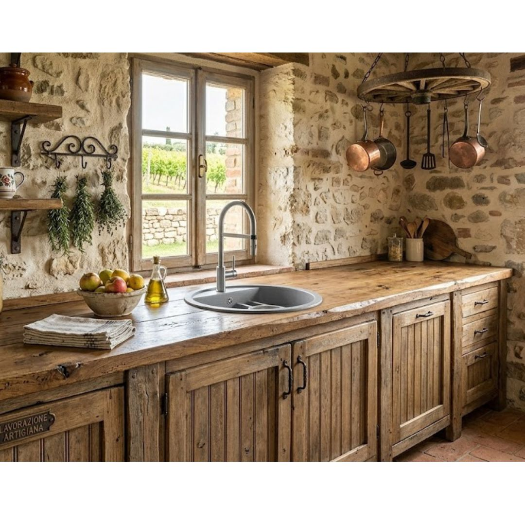 Cucina rustica con pareti in pietra, piani in legno, lavello e pentole appese.
