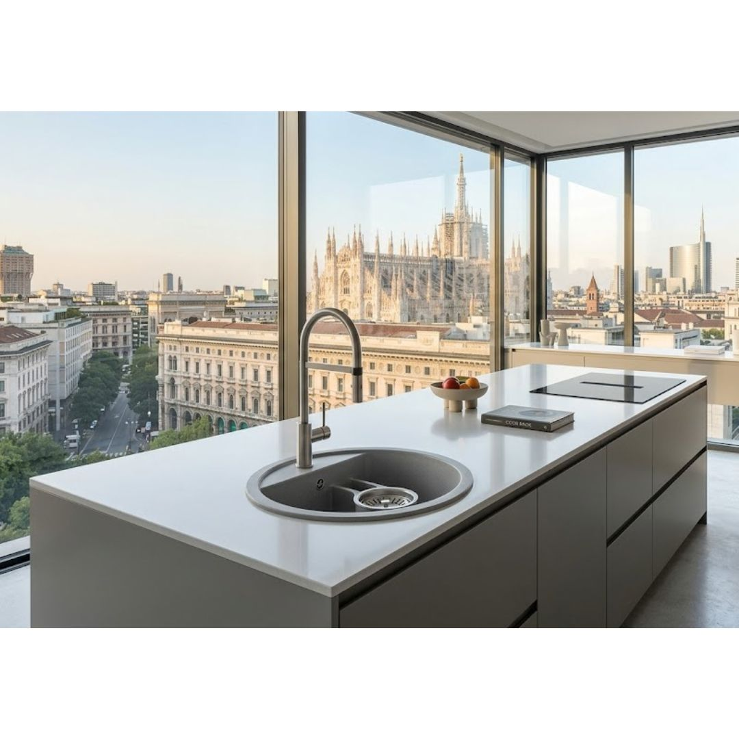 Cucina moderna con vista sul Duomo di Milano e sulla città.