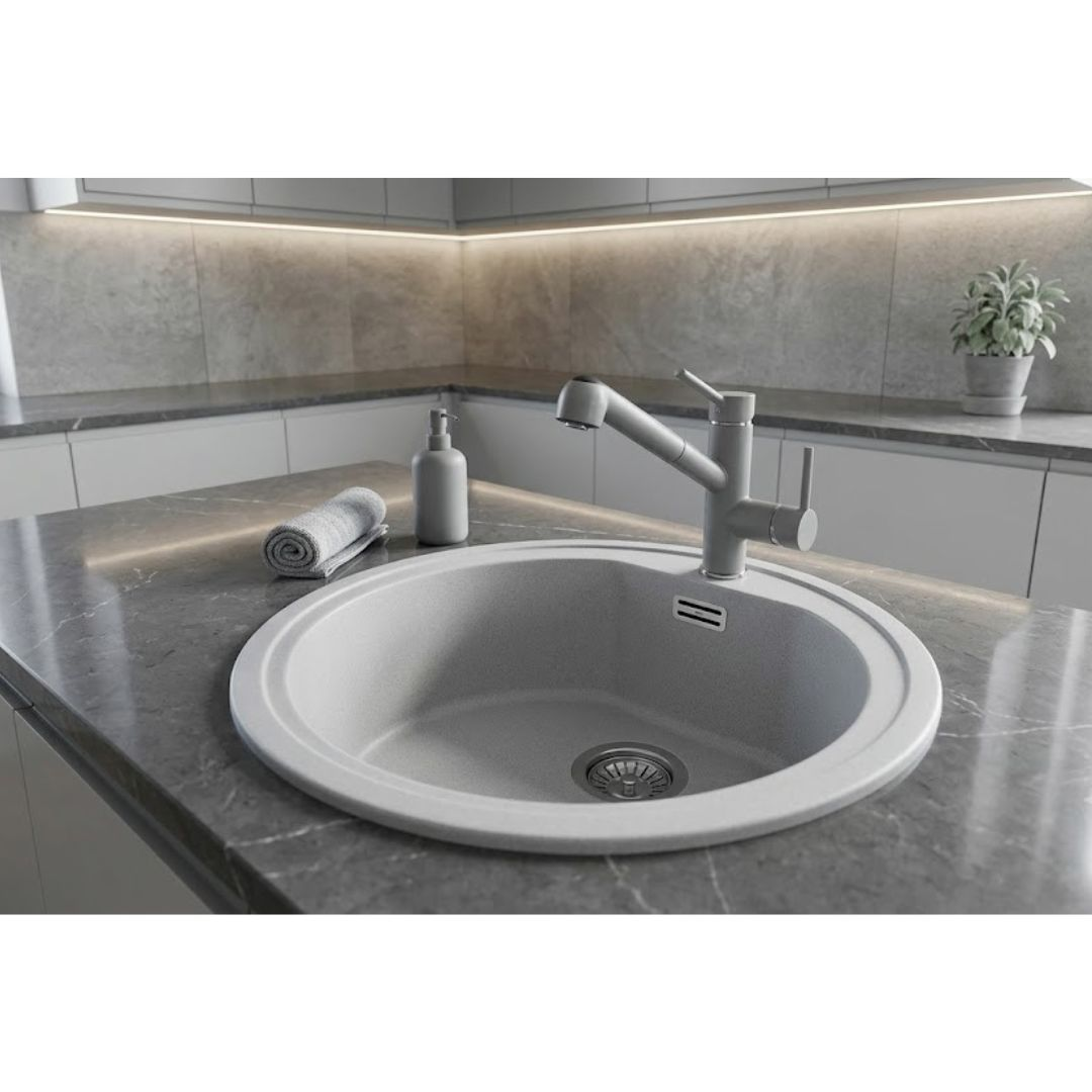 Lavello grigio con rubinetto, dispenser di sapone e asciugamano su piano di lavoro scuro.