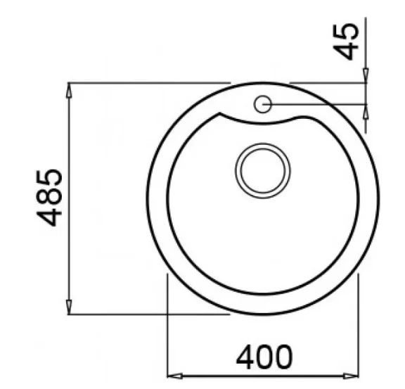Disegno tecnico di un lavandino da 485x400mm.