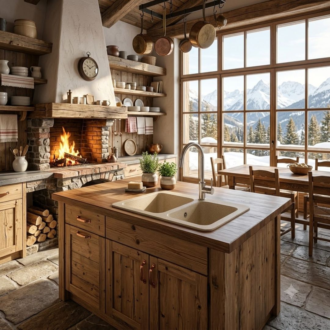 Cucina rustica in legno con camino, doppio lavello e vista sulle montagne innevate.