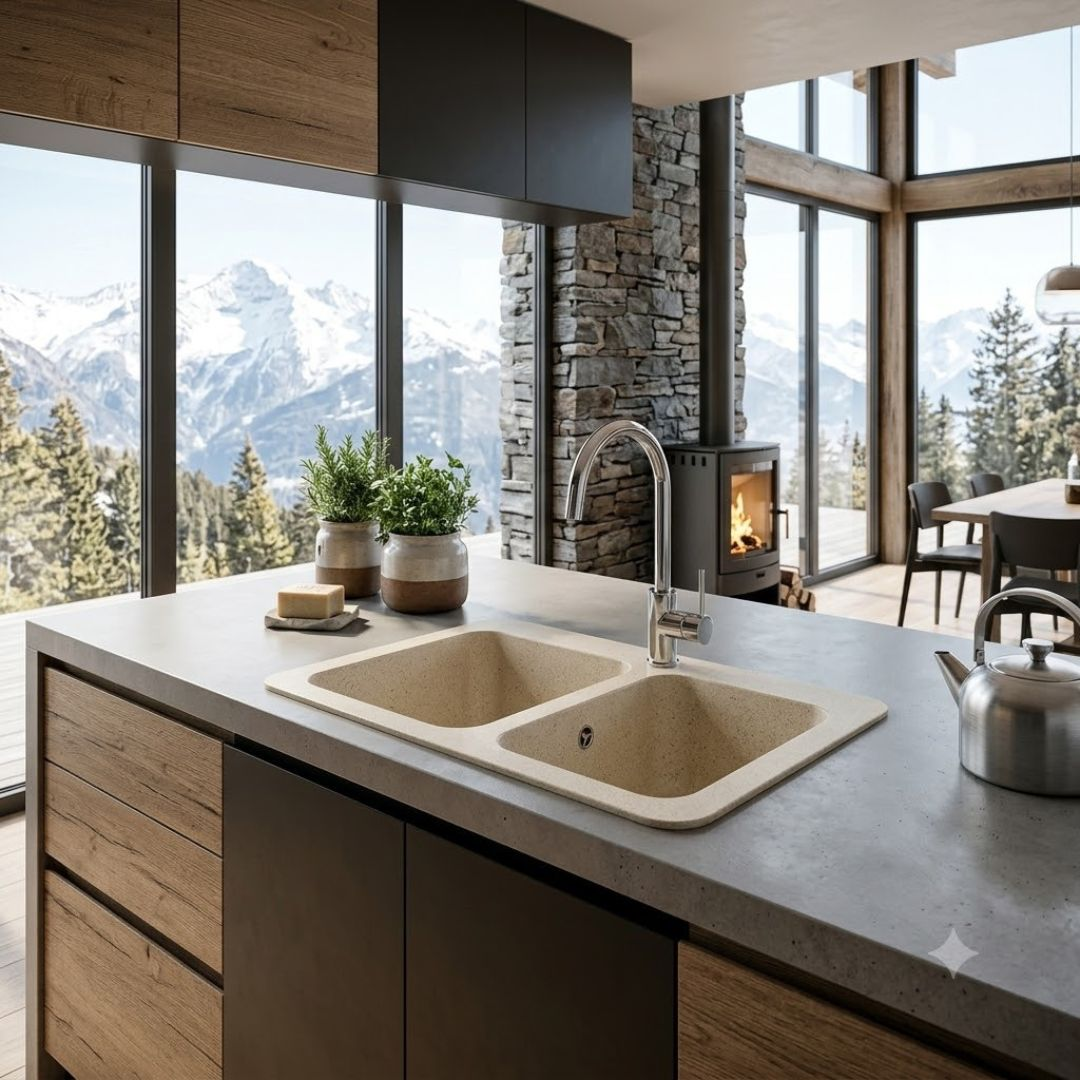 Cucina moderna con doppio lavello, camino e vista sulle montagne da finestre panoramiche.