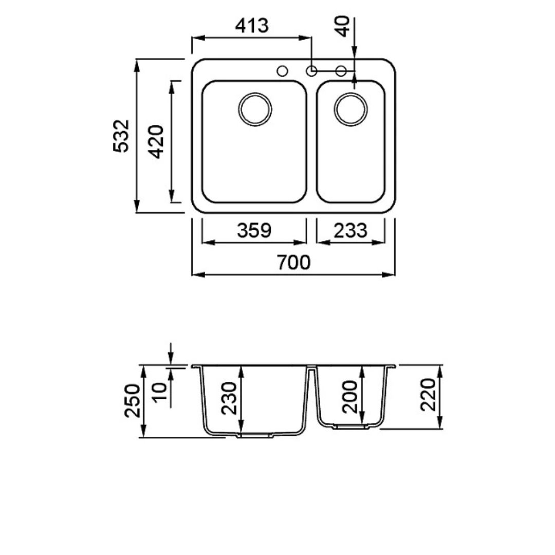 Disegno tecnico di un lavello doppio con dimensioni.