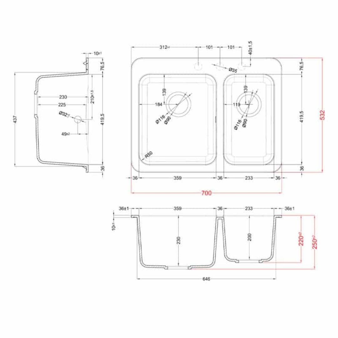 Disegno tecnico di un lavello doppio con dimensioni e dettagli.