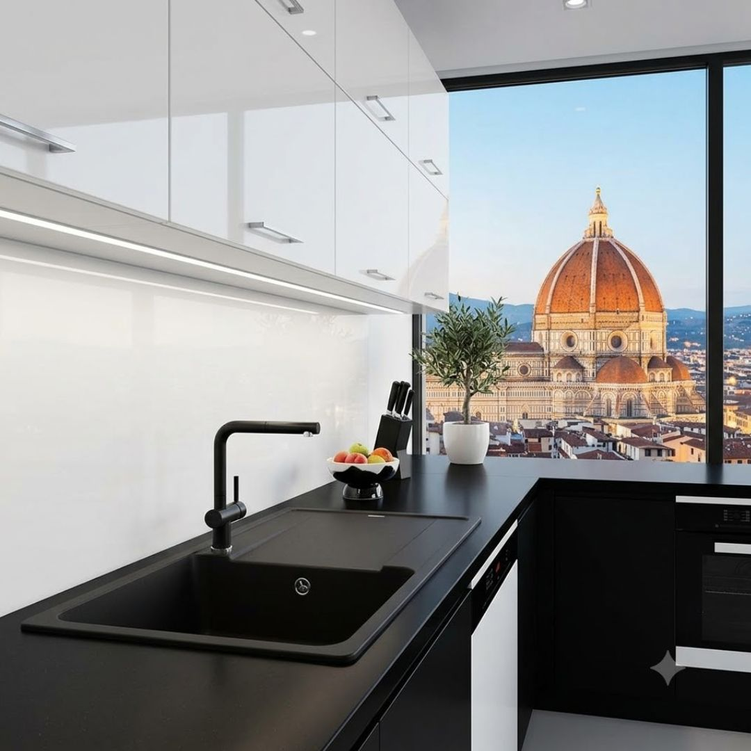 Moderna cucina nera con vista sul Duomo di Firenze.