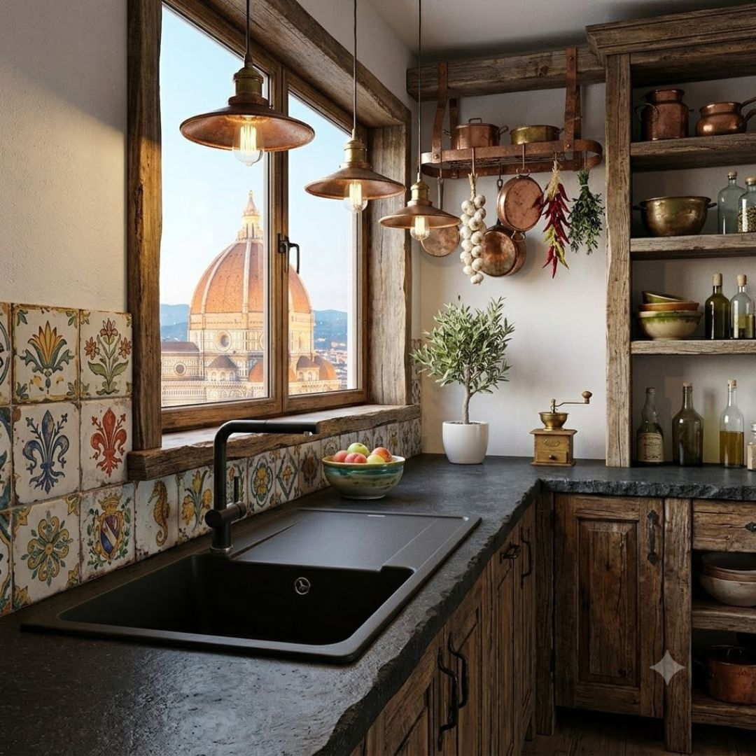 Cucina rustica con vista sul Duomo, lavello, frutta e rame.