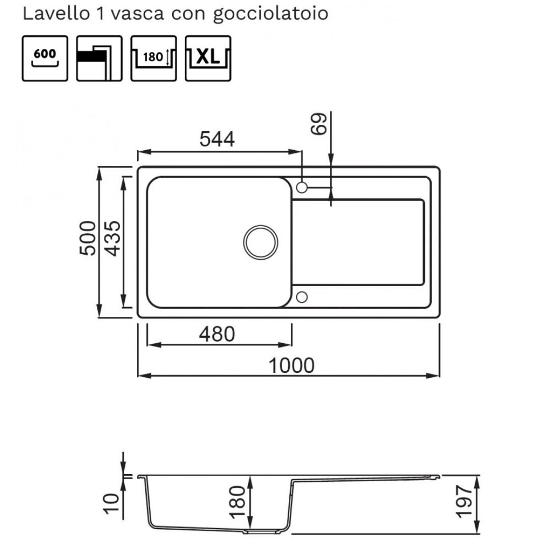 Disegno tecnico di un lavello a una vasca con gocciolatoio. Dimensioni indicate.