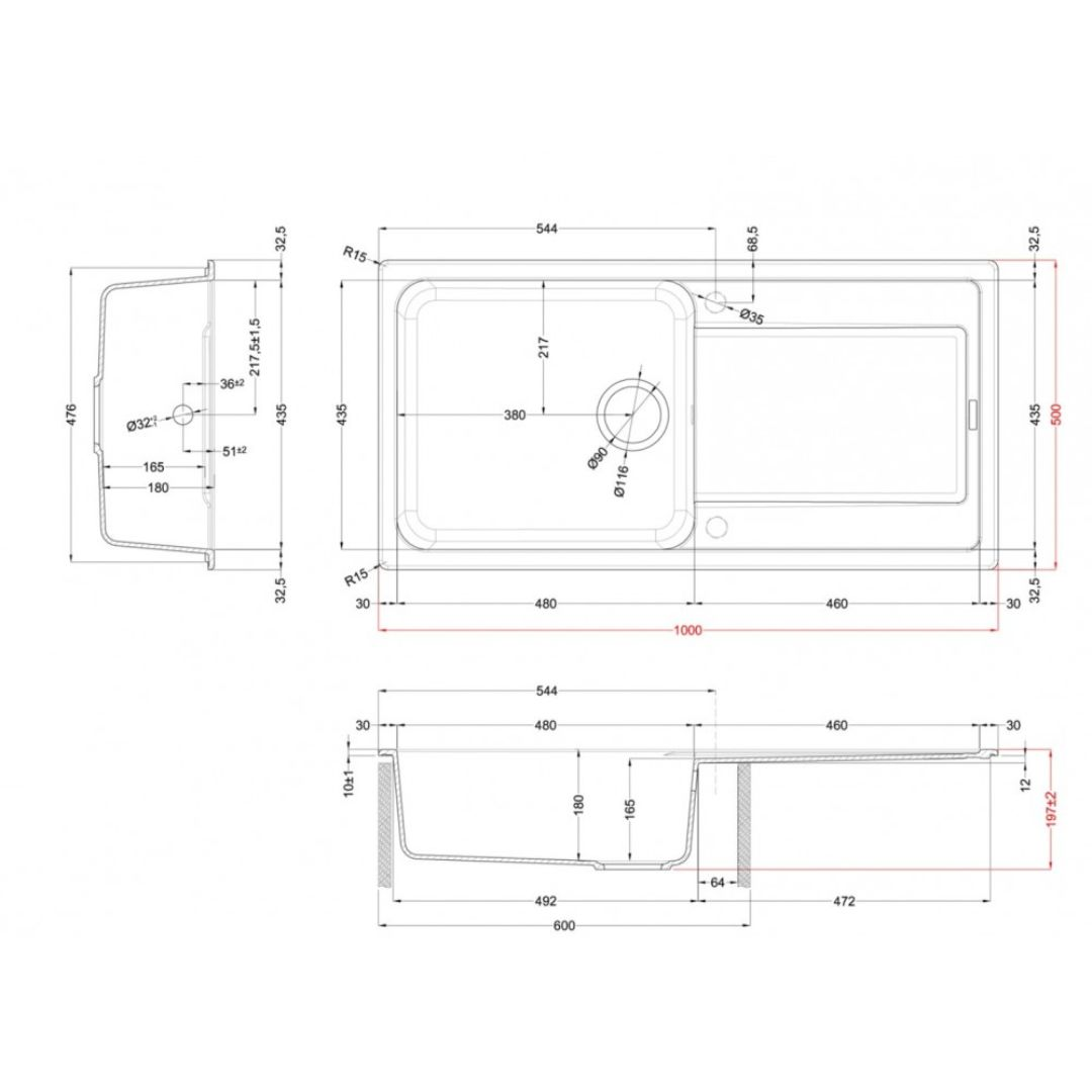 Disegno tecnico di un lavello con dimensioni e viste.