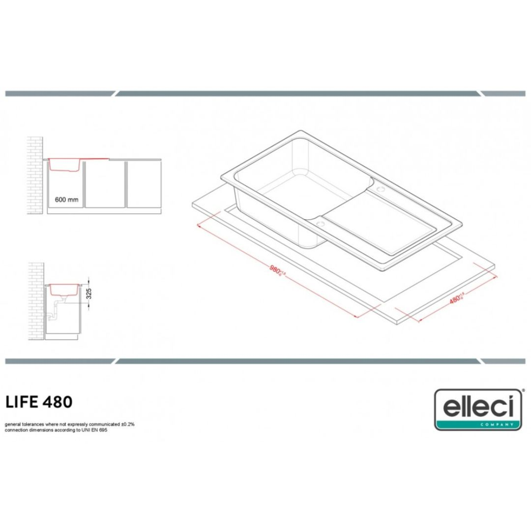 Disegno tecnico di un lavello con dimensioni. Mostra viste di installazione e generali.