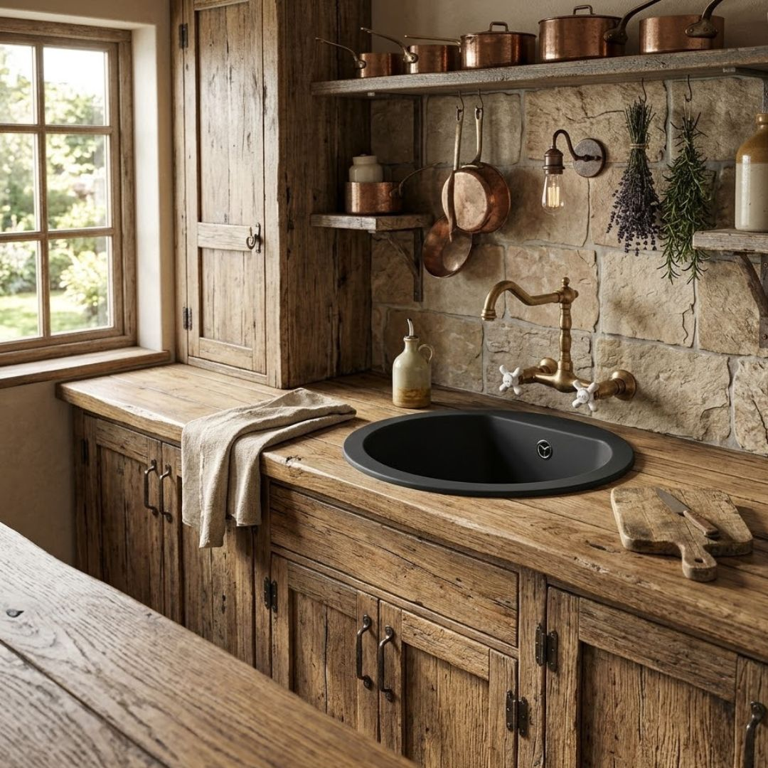 Cucina rustica in legno con lavello, rubinetto, pentole in rame e finestra.