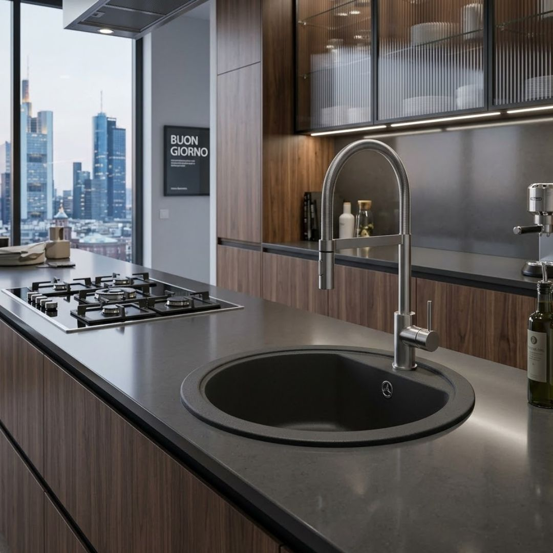 Cucina moderna con mobili scuri, piano cottura a gas, lavello e vista sulla città.