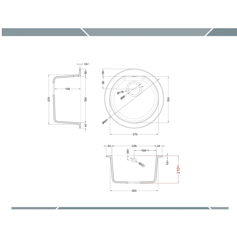 Disegno tecnico di un lavello con dimensioni.