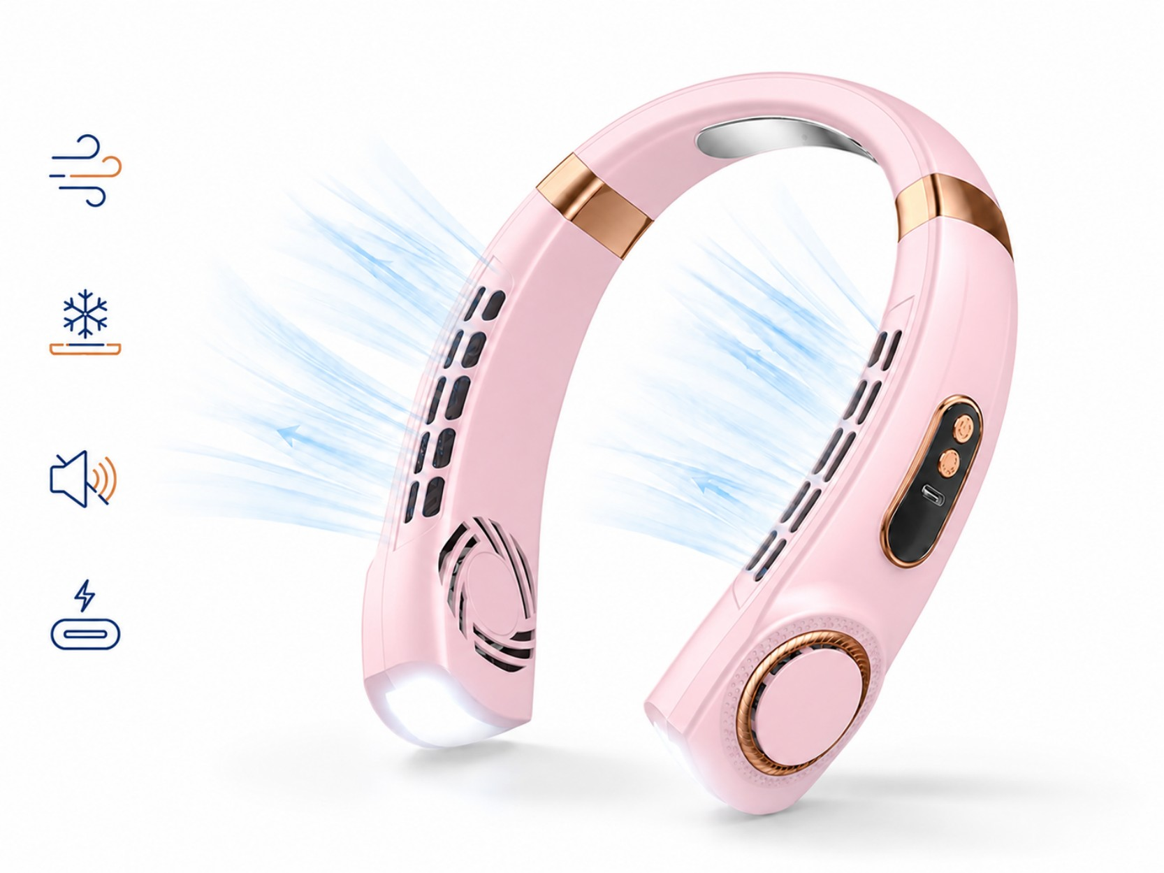 Pinker Nackenfächer mit Lüftungsschlitzen, Lichtern und USB-C-Anschluss. Luftstrom gezeigt.