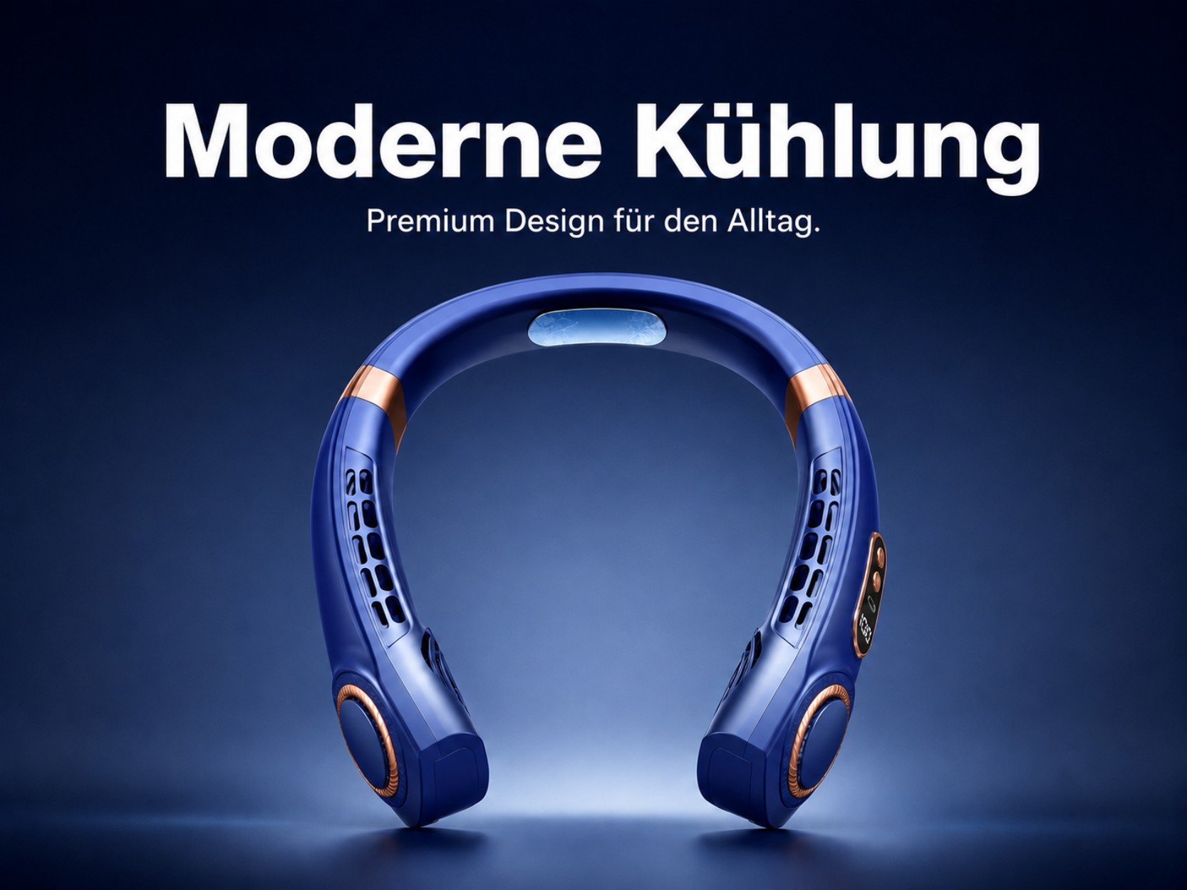 Ein blauer Nackenventilator mit kupferfarbenen Akzenten steht auf einem blauen Hintergrund.