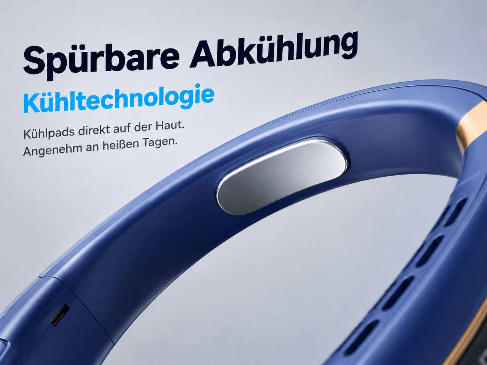 Ein blaues Nacken-Kühlgerät mit silbernem Akzent und Text.