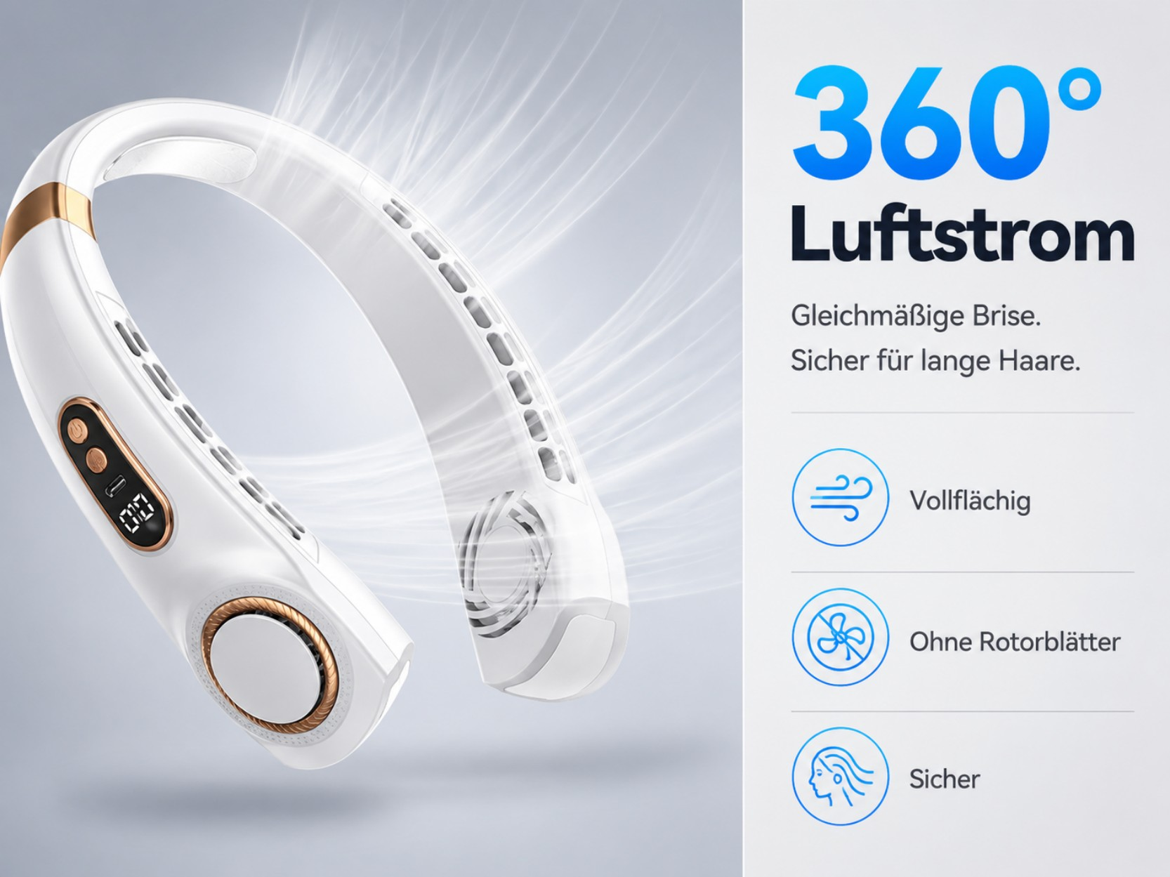 Ein weißer Nackenventilator mit 360° Luftstrom und goldenen Akzenten.