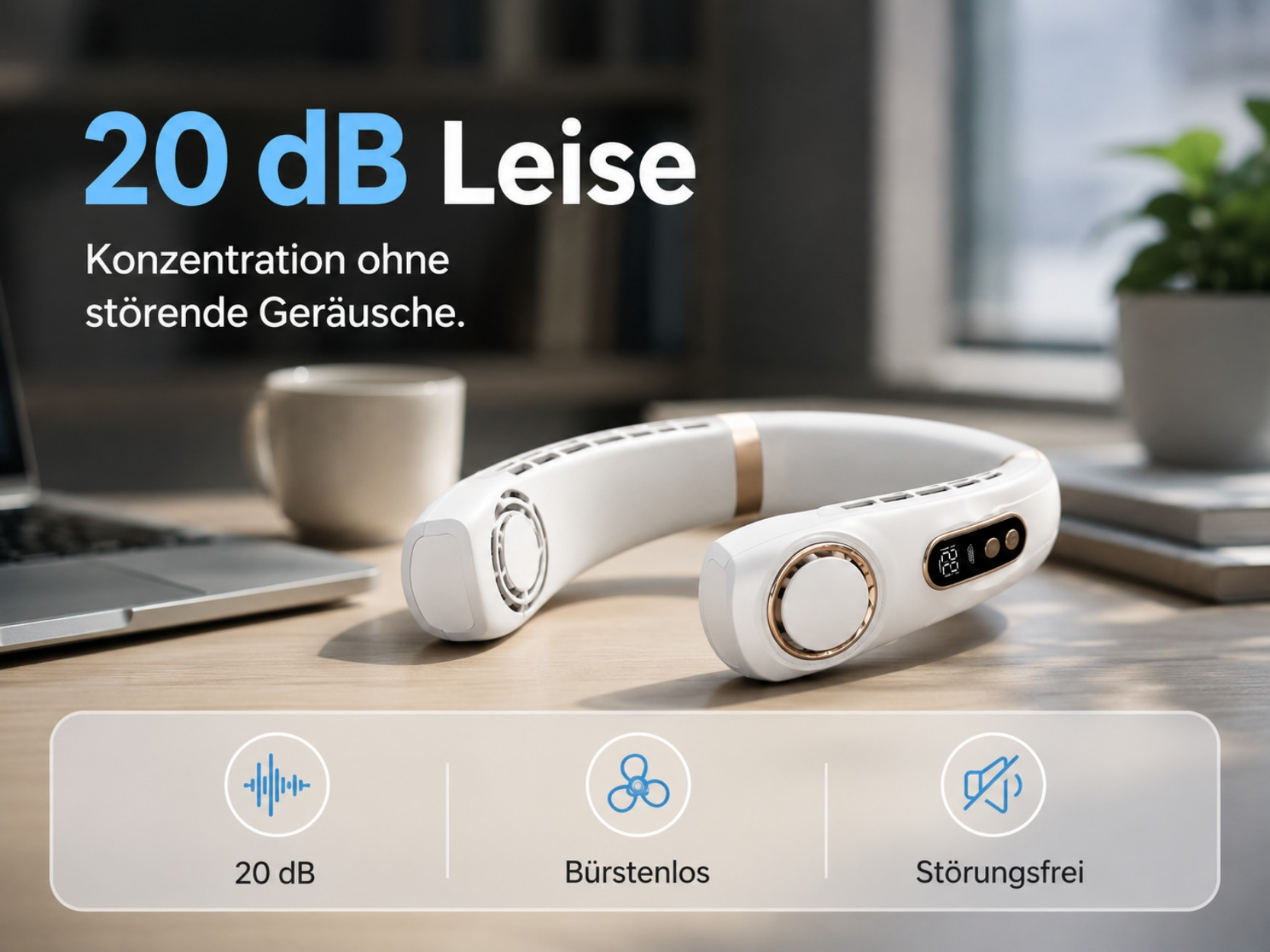 Ein weißer Nackenfächer mit goldfarbenen Akzenten liegt auf einem Schreibtisch.