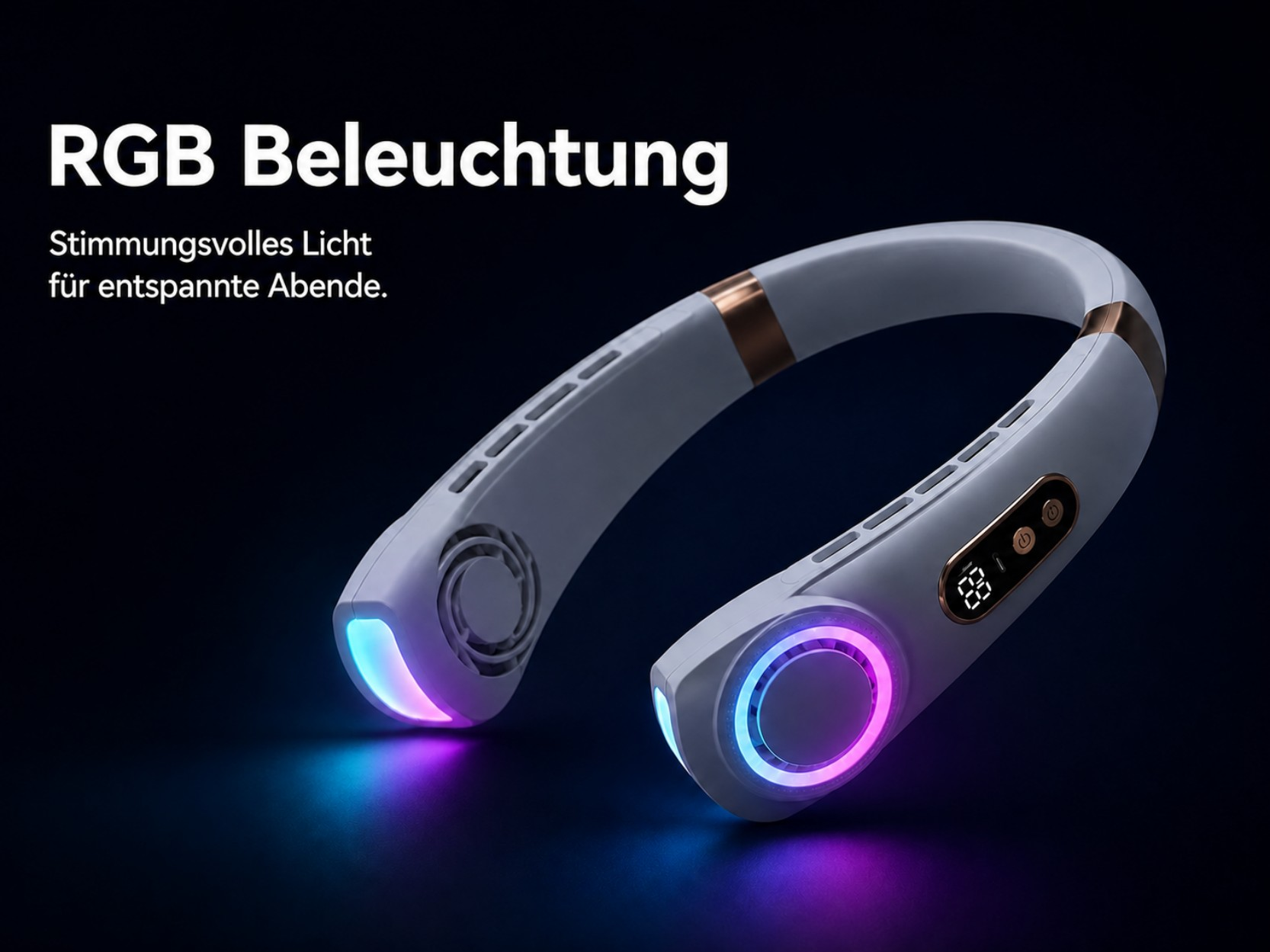 Ein grauer Nackenventilator mit RGB-Beleuchtung und digitalen Anzeigen.