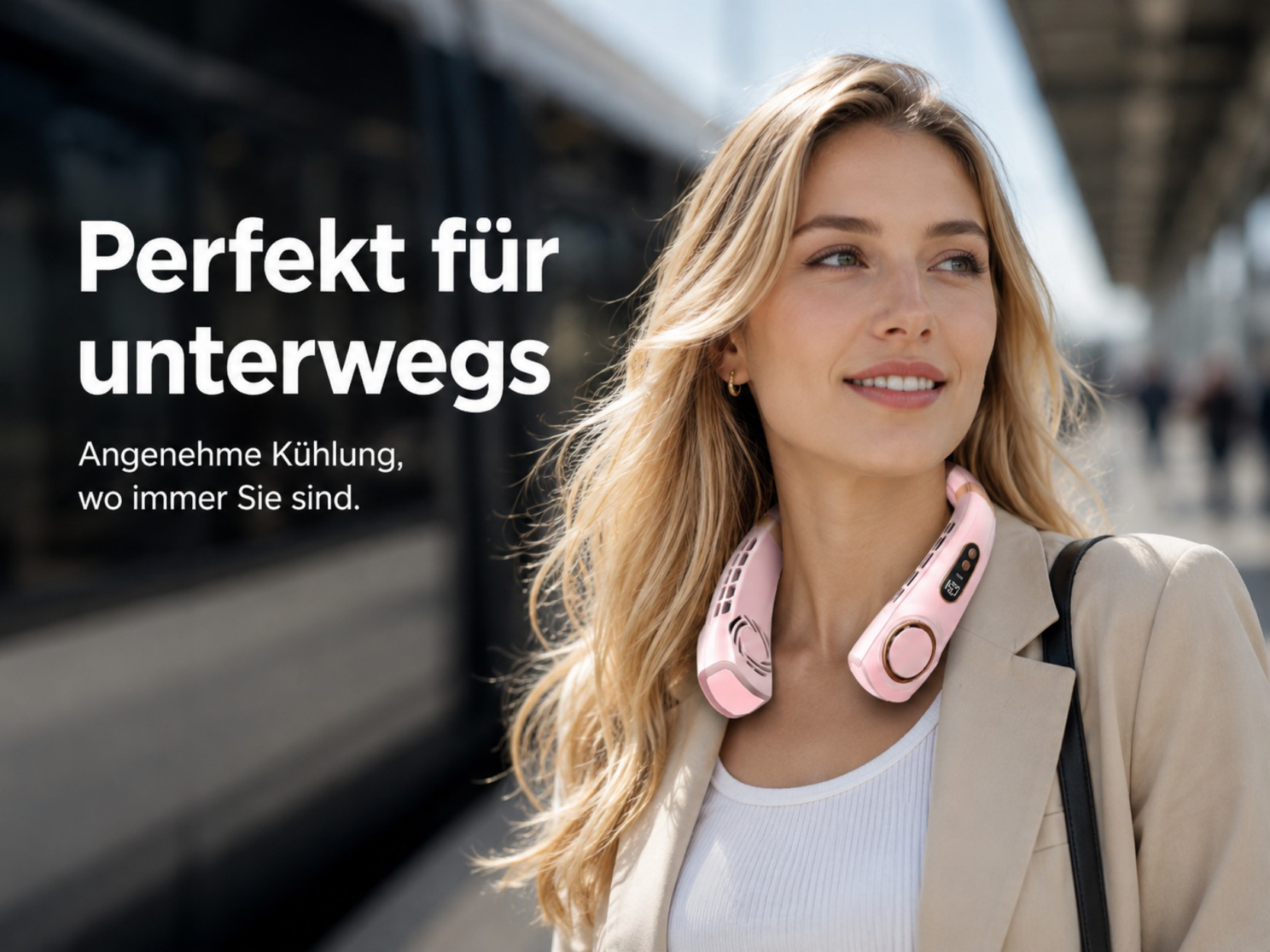 Blonde Frau mit rosa Nackenventilator, beiger Jacke, blickt weg.