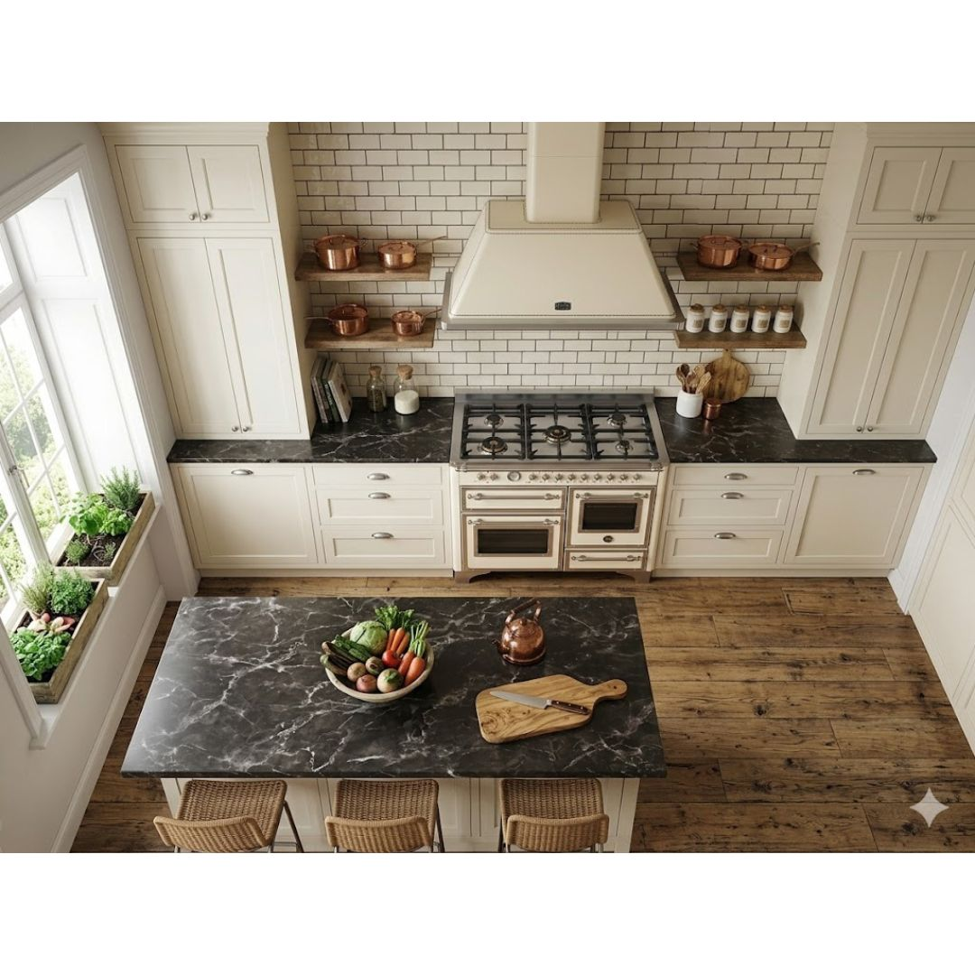 Cucina luminosa con isola, piano cottura a gas e finestre. Una ciotola di verdure sull'isola.