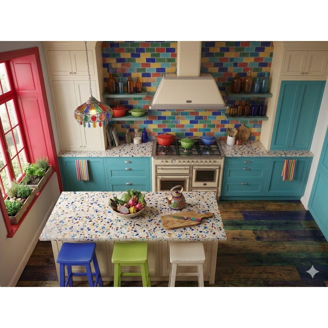 Una cucina colorata con piani di lavoro in terrazzo, alzatina di piastrelle vivaci e mobili color acqua marina.