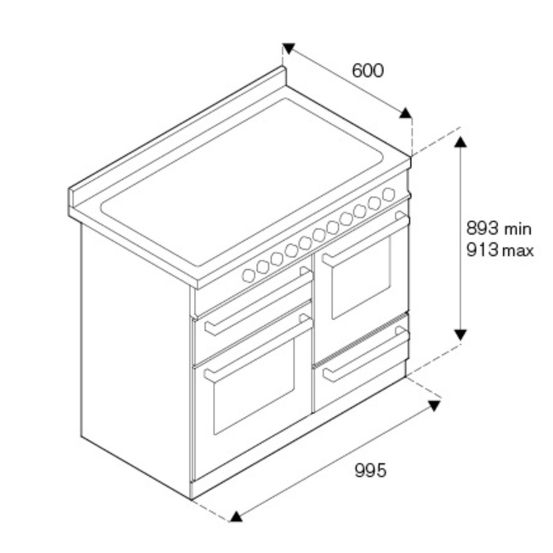 Disegno tecnico di un fornello a gas con dimensioni: 995mm larghezza, 600mm profondità, 893-913mm altezza.