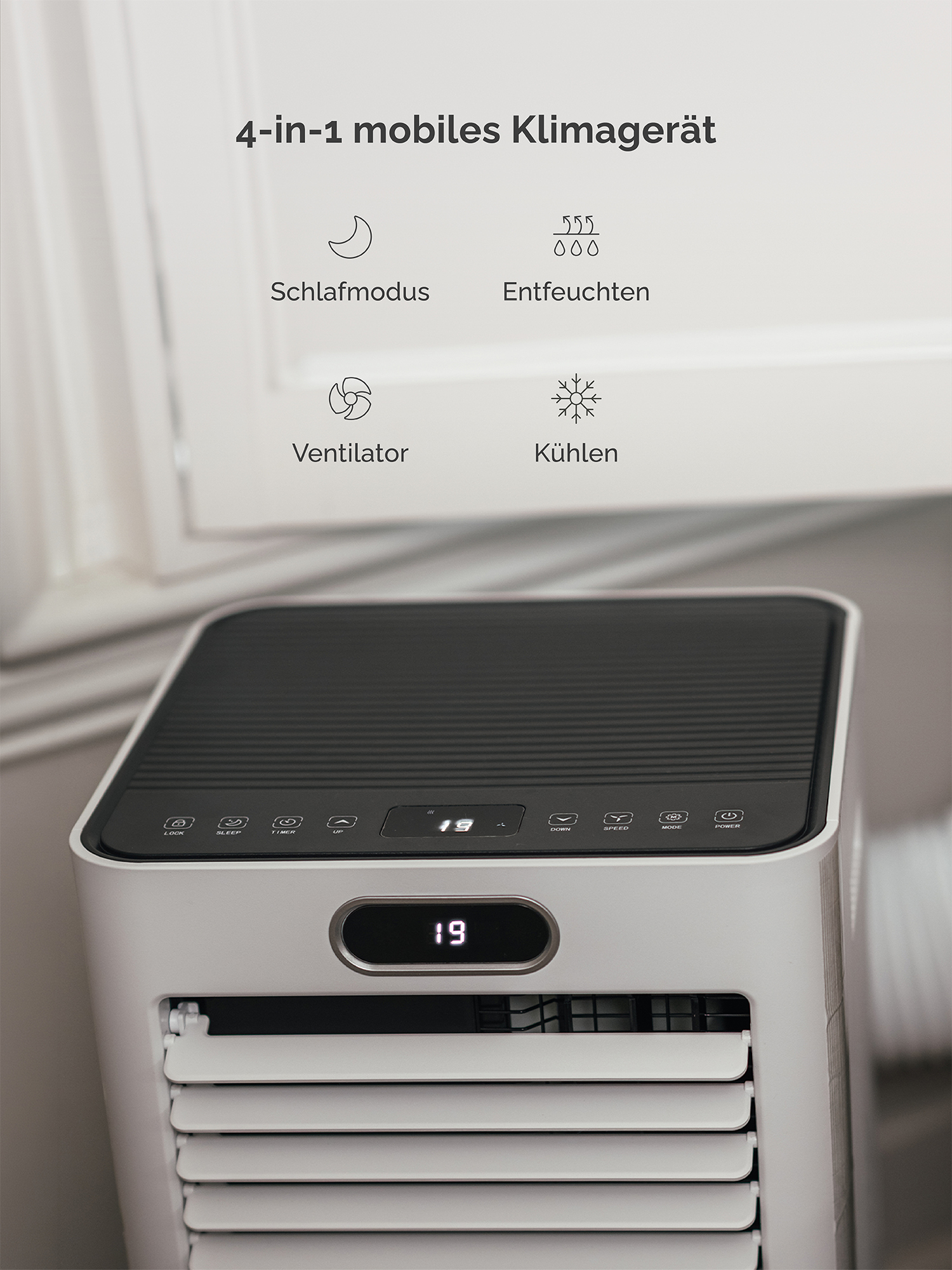 Un condizionatore mobile 4 in 1 con modalità sonno, deumidificazione, ventilatore e raffreddamento.