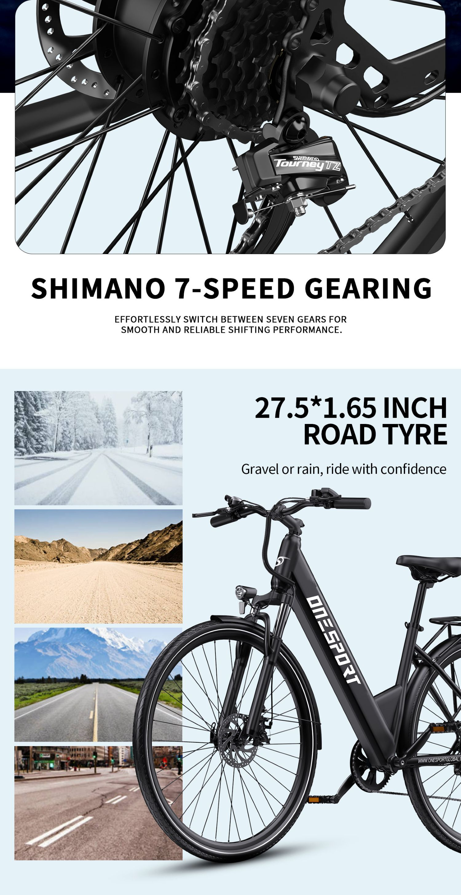 Bicicleta eléctrica negra con neumáticos de 27,5 pulgadas, cambio Shimano y tres collages de escenas viales.